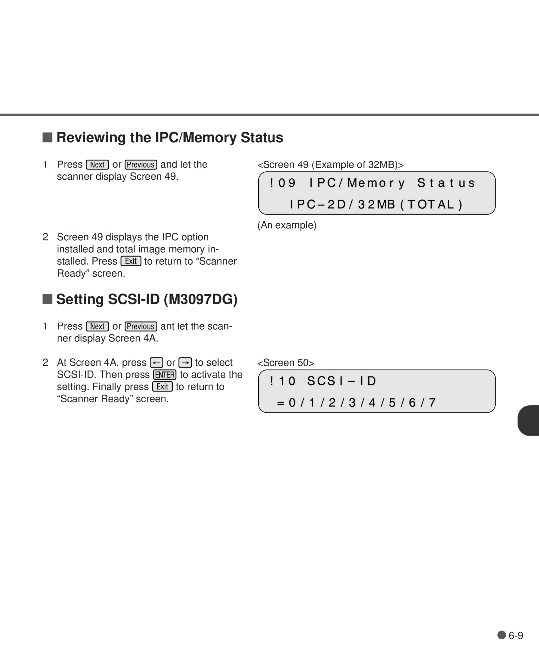 Fujitsu M3097DE manual Reviewing the IPC/Memory Status, Setting SCSI-ID M3097DG 