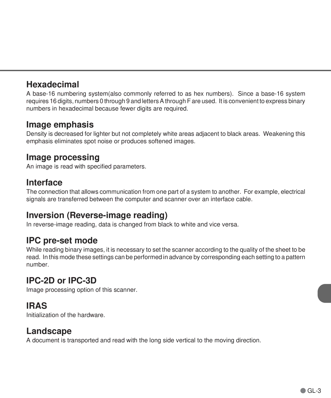 Fujitsu M3097DG manual Hexadecimal, Image emphasis, Image processing, Interface, Inversion Reverse-image reading, Landscape 