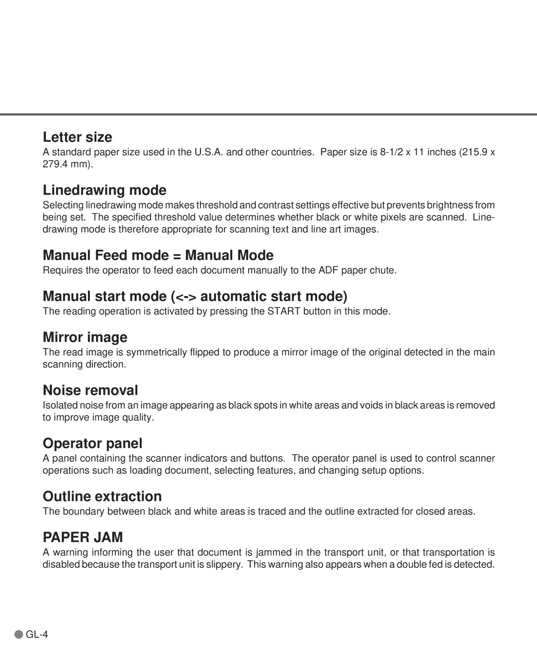 Fujitsu M3097DE Letter size, Linedrawing mode, Manual Feed mode = Manual Mode, Manual start mode automatic start mode 