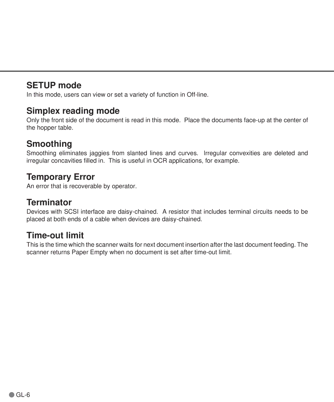 Fujitsu M3097DE, M3097DG manual Setup mode, Simplex reading mode, Smoothing, Temporary Error, Terminator, Time-out limit 