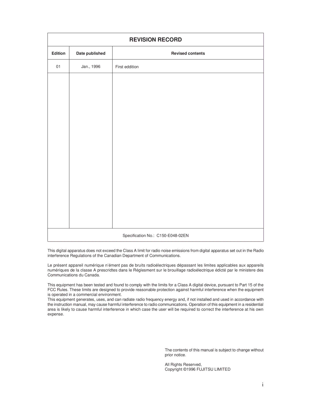 Fujitsu M3097E+, M3097G+ manual Revision Record 