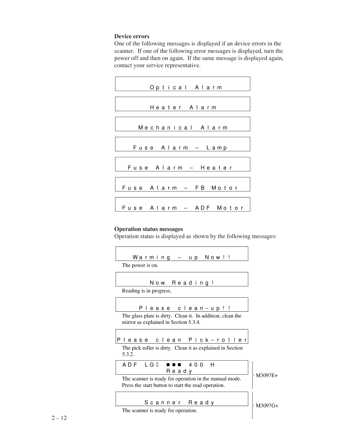 Fujitsu M3097G+, M3097E+ manual Device errors, Operation status messages 