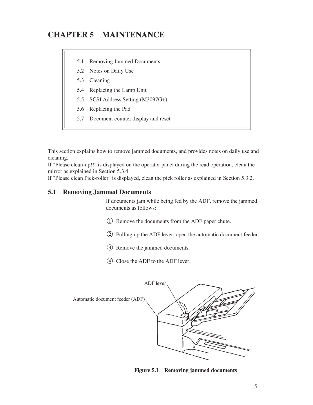 Fujitsu M3097E+, M3097G+ manual Maintenance, Removing Jammed Documents 