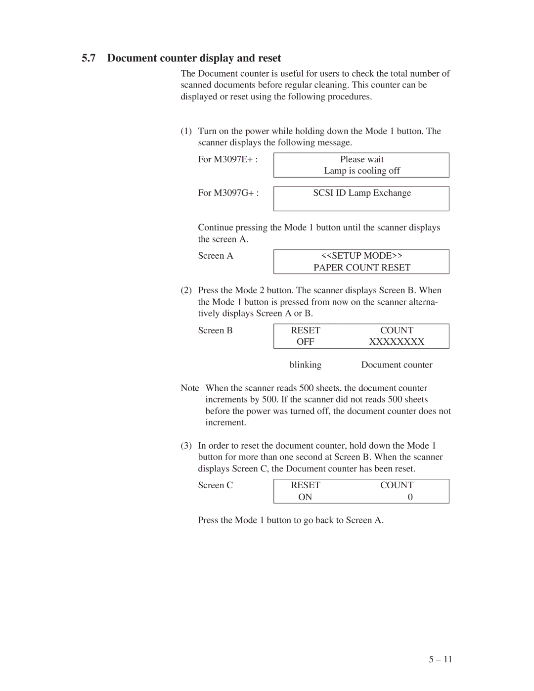 Fujitsu M3097E+, M3097G+ manual Document counter display and reset, Setup Mode Paper Count Reset 