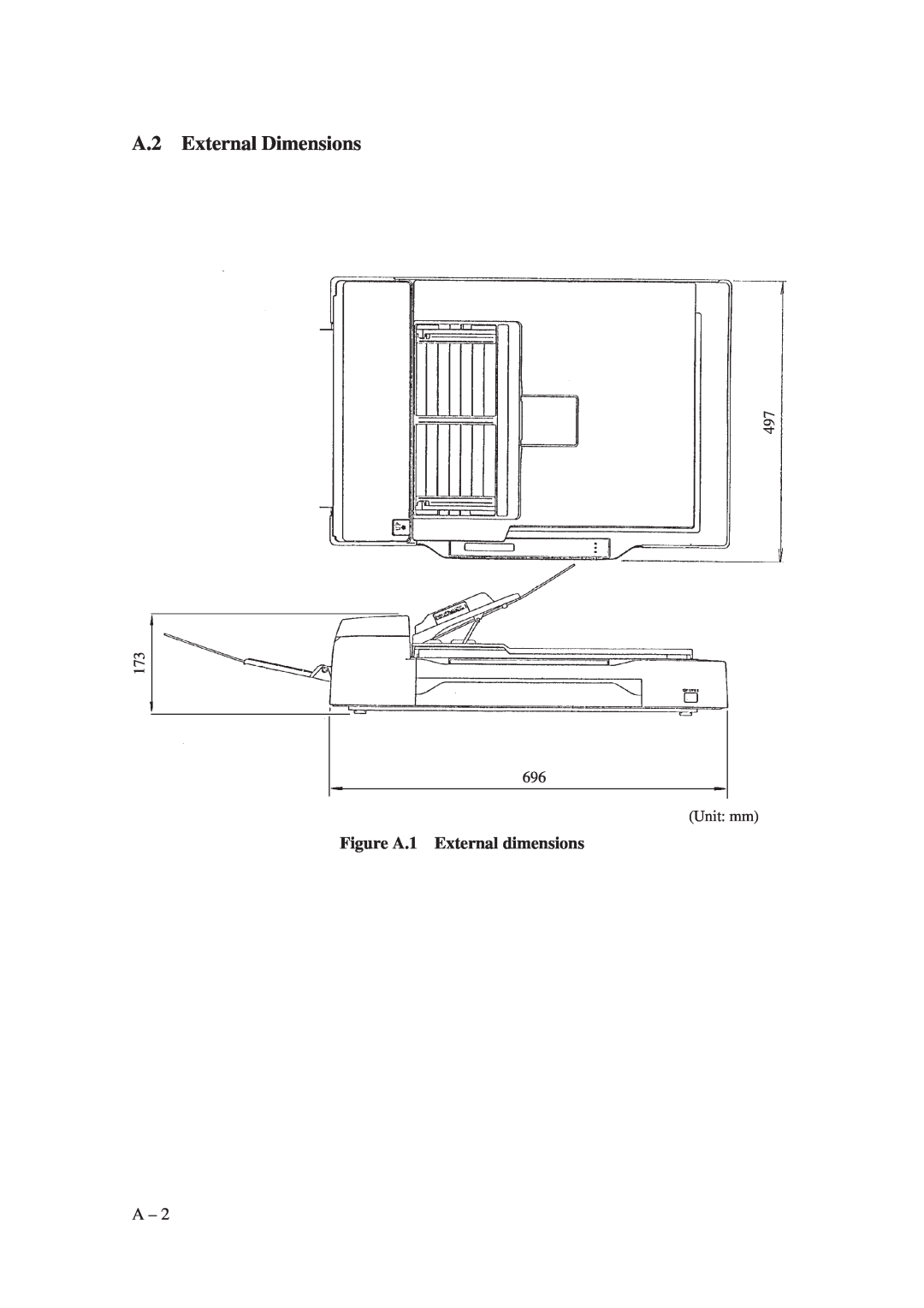 Fujitsu M3097G+, M3097E+ manual A.2 External Dimensions, Figure A.1 External dimensions, 497 173 696 Unit mm 