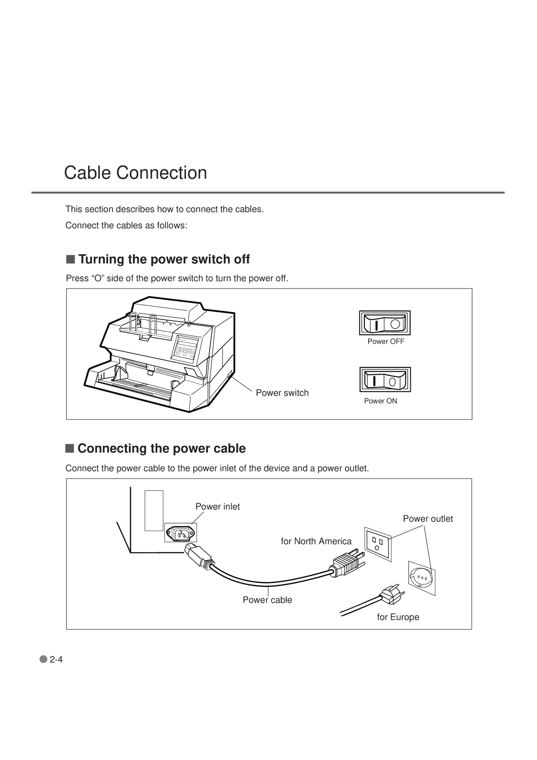 Fujitsu M3099GX, M3099GH, M3099EX, M3099EH manual Cable Connection, Turning the power switch off, Connecting the power cable 