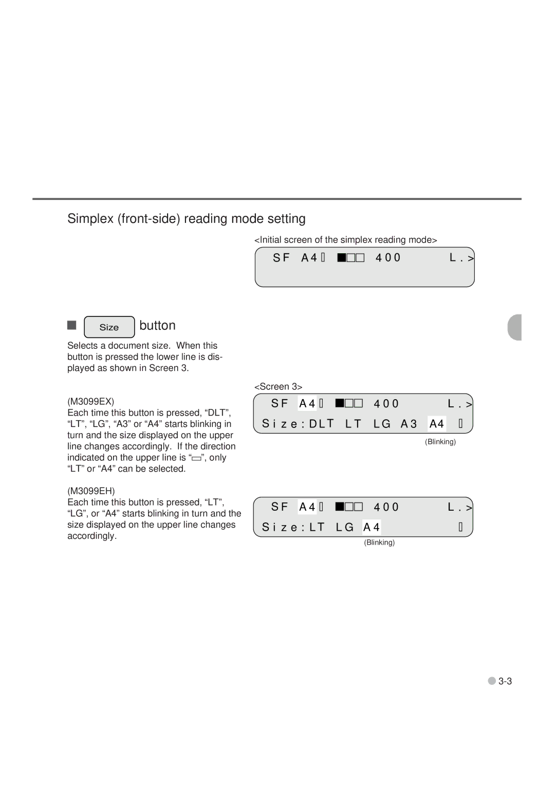 Fujitsu M3099EX, M3099GX, M3099GH, M3099EH manual Size button, Z e D L T L T L G a 3 A4, Z e L T L G a 