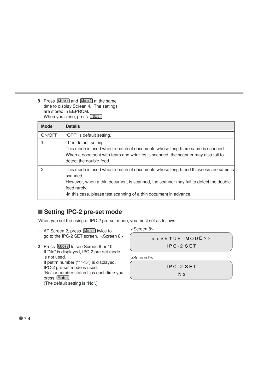 Fujitsu M3099EH, M3099GX, M3099GH, M3099EX manual Setting IPC-2 pre-set mode, Mode Details 