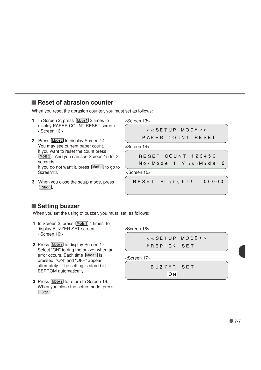 Fujitsu M3099EX, M3099GX, M3099GH, M3099EH manual Reset of abrasion counter, Setting buzzer 