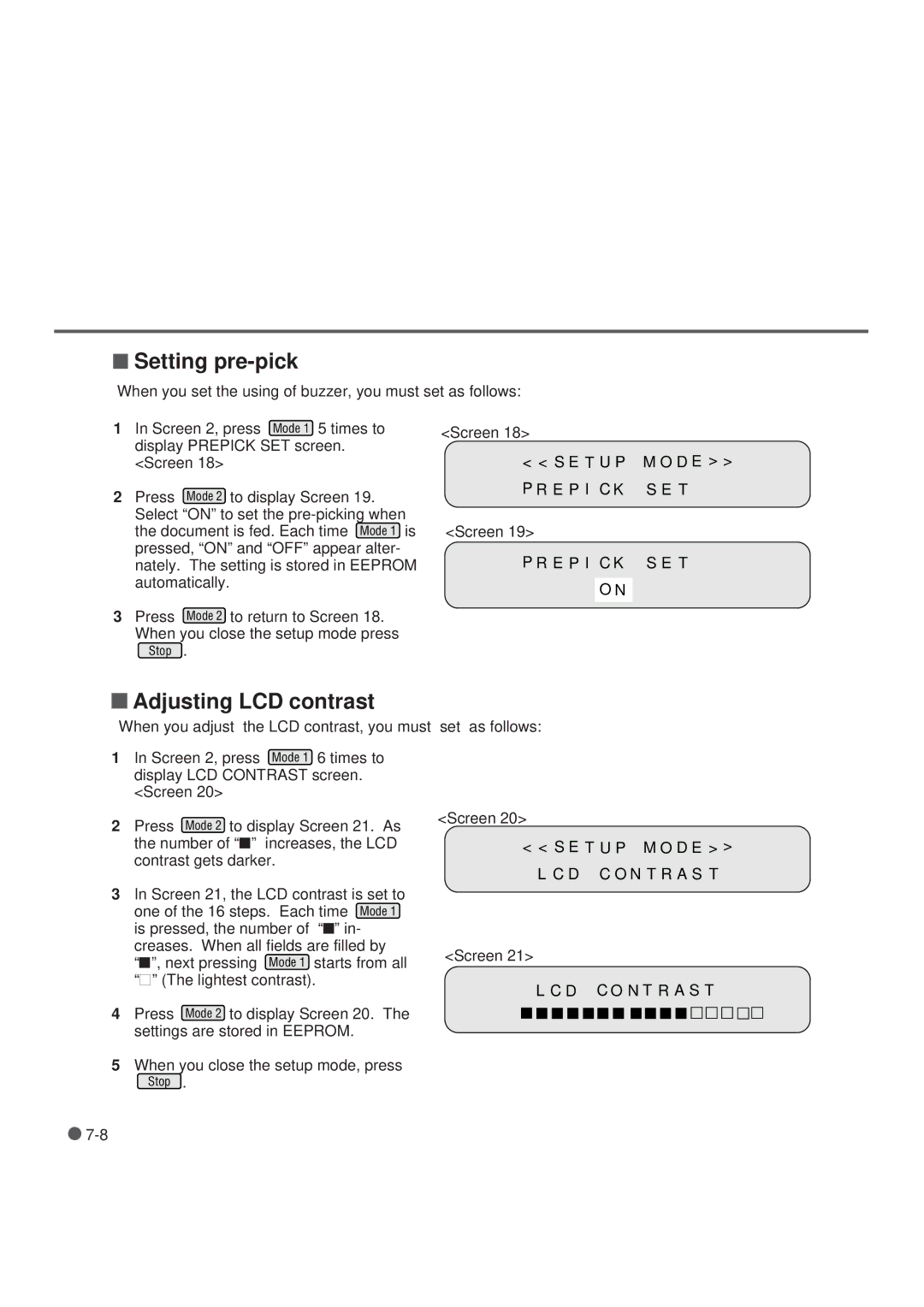 Fujitsu M3099EH, M3099GX, M3099GH, M3099EX manual Setting pre-pick, Adjusting LCD contrast 