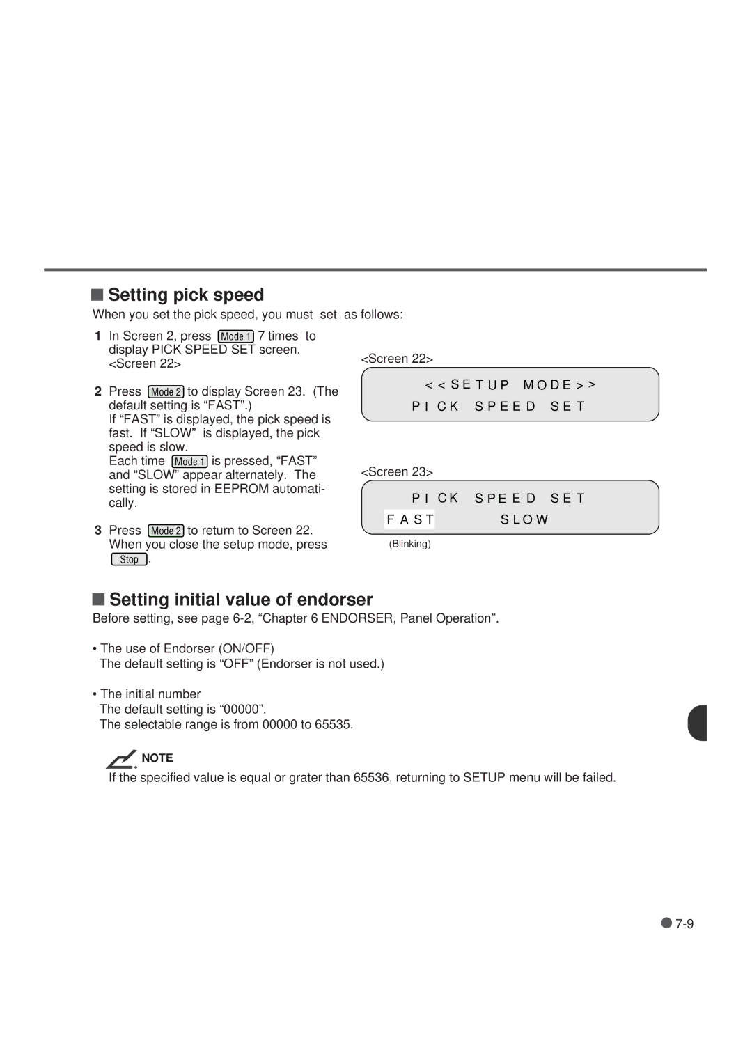 Fujitsu M3099GX, M3099GH, M3099EX, M3099EH manual Setting pick speed, Setting initial value of endorser 