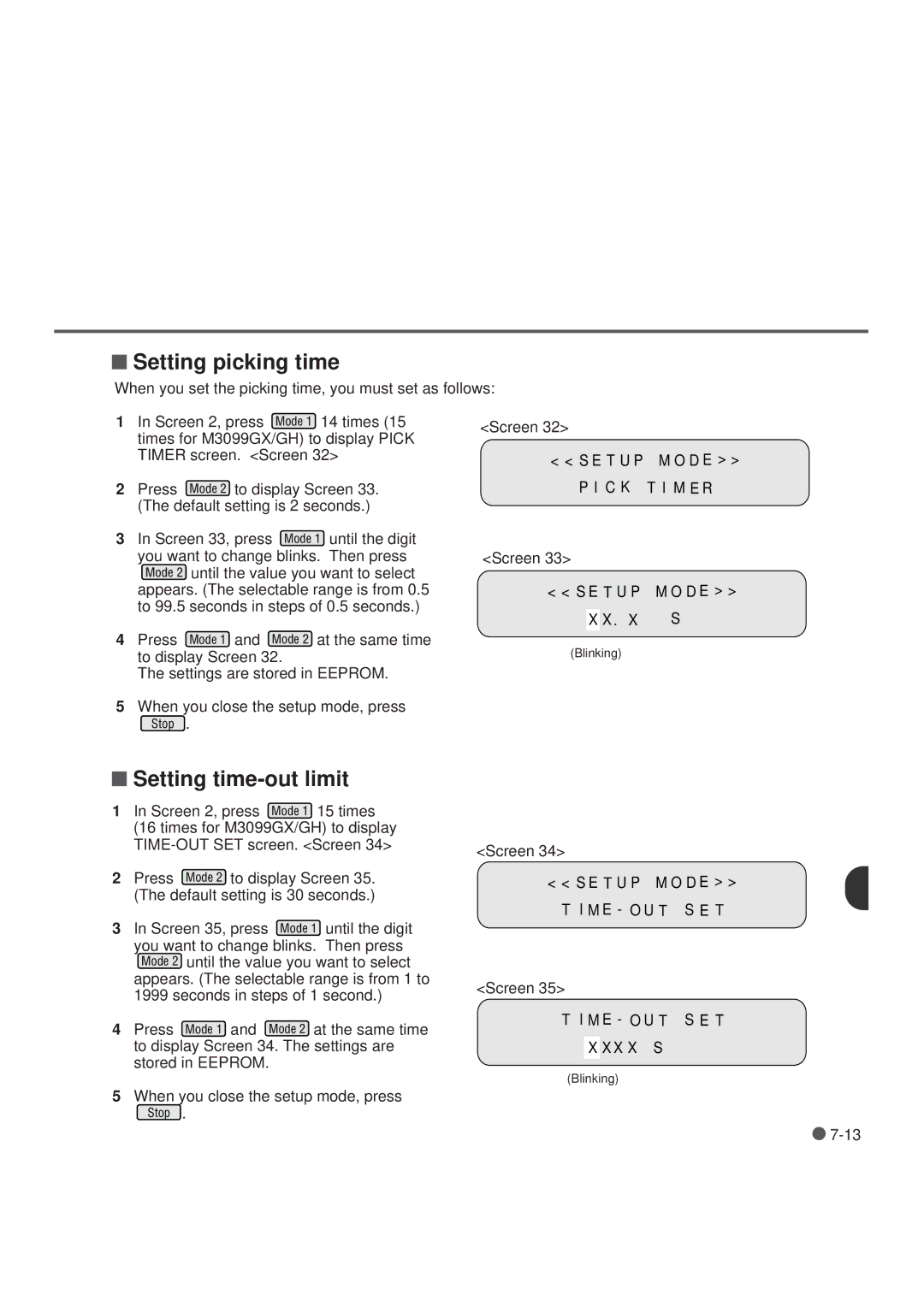 Fujitsu M3099GX, M3099GH, M3099EX, M3099EH manual Setting picking time, Setting time-out limit 