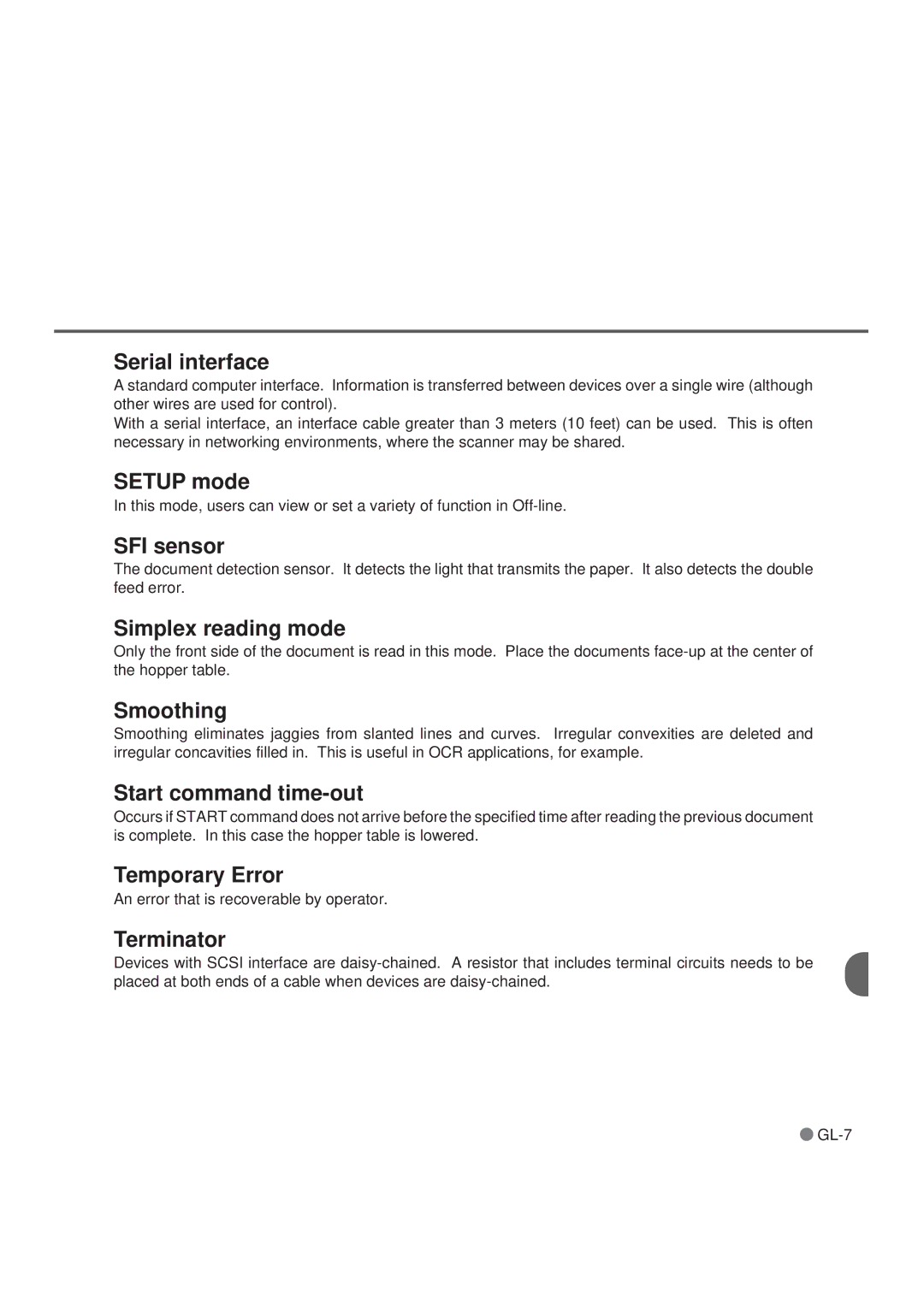 Fujitsu M3099GX, M3099GH Serial interface, Setup mode, SFI sensor, Simplex reading mode, Smoothing, Start command time-out 