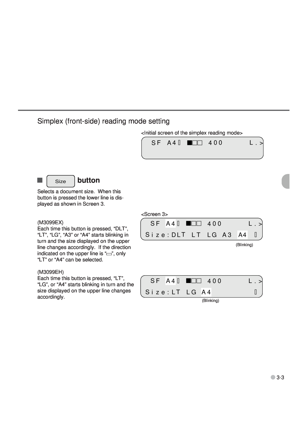 Fujitsu M3099EX, M3099GX, M3099GH, M3099EH manual Simplex front-side reading mode setting, Size button 
