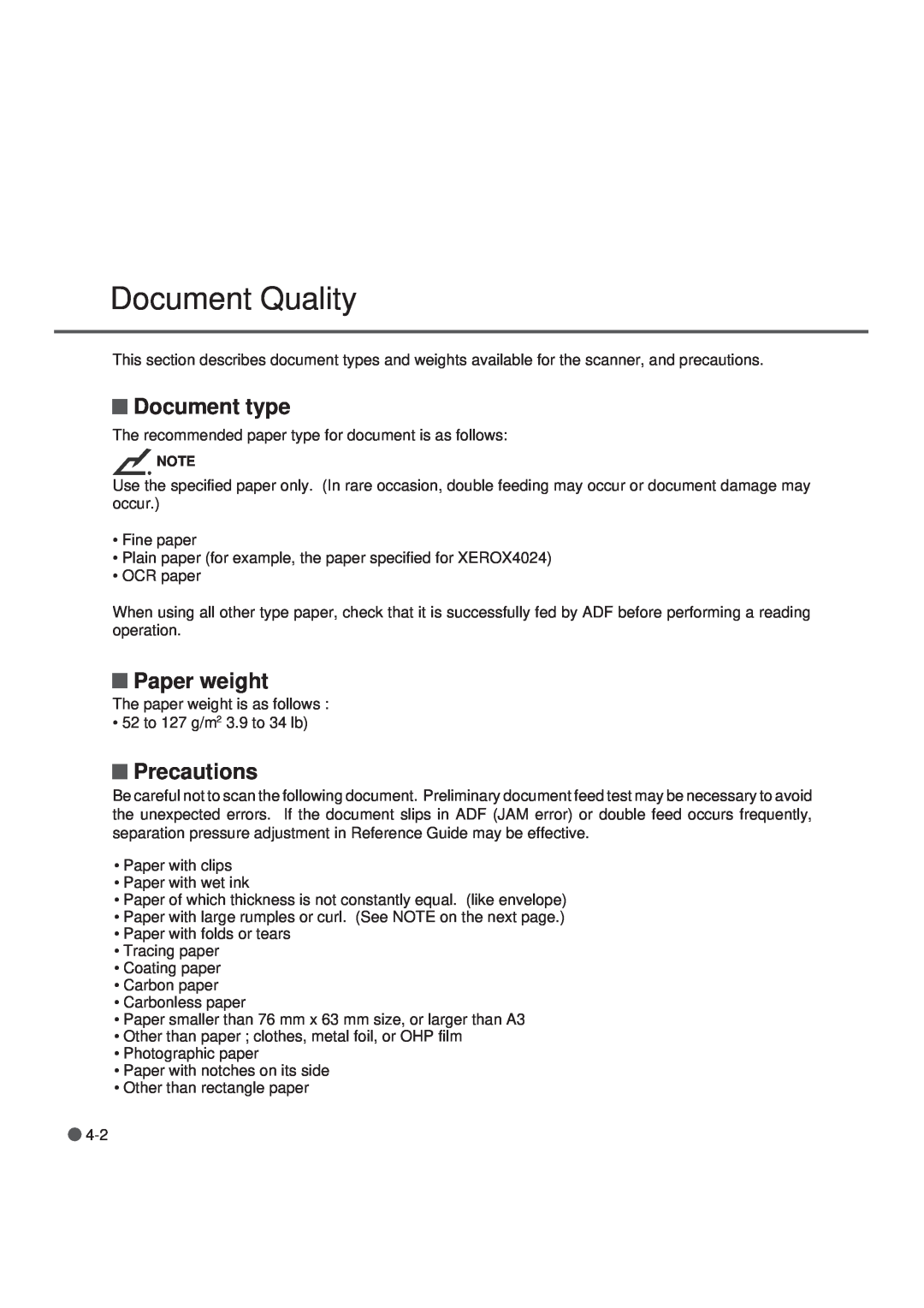 Fujitsu M3099GX, M3099GH, M3099EX, M3099EH manual Document Quality, Document type, Paper weight, Precautions 