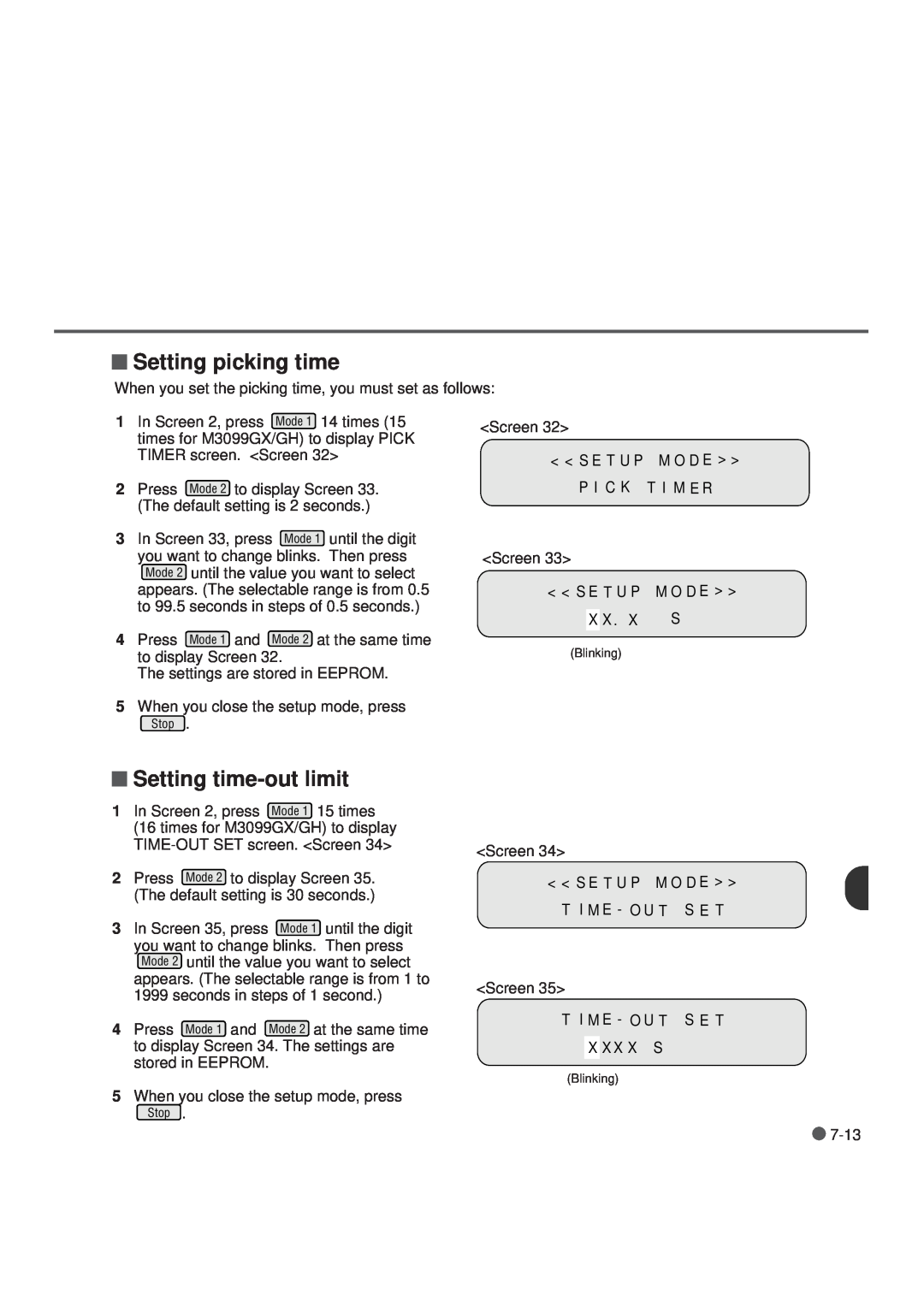Fujitsu M3099GX, M3099GH, M3099EX, M3099EH manual Setting picking time, Setting time-out limit 