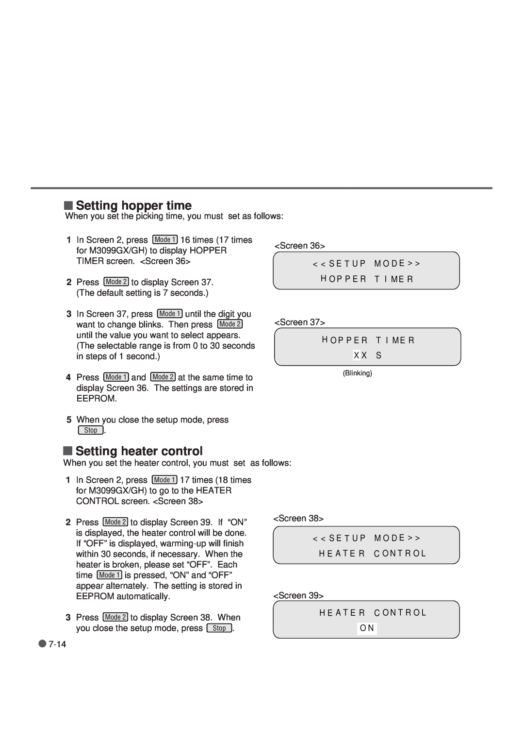 Fujitsu M3099GH, M3099GX, M3099EX, M3099EH manual Setting hopper time, Setting heater control 