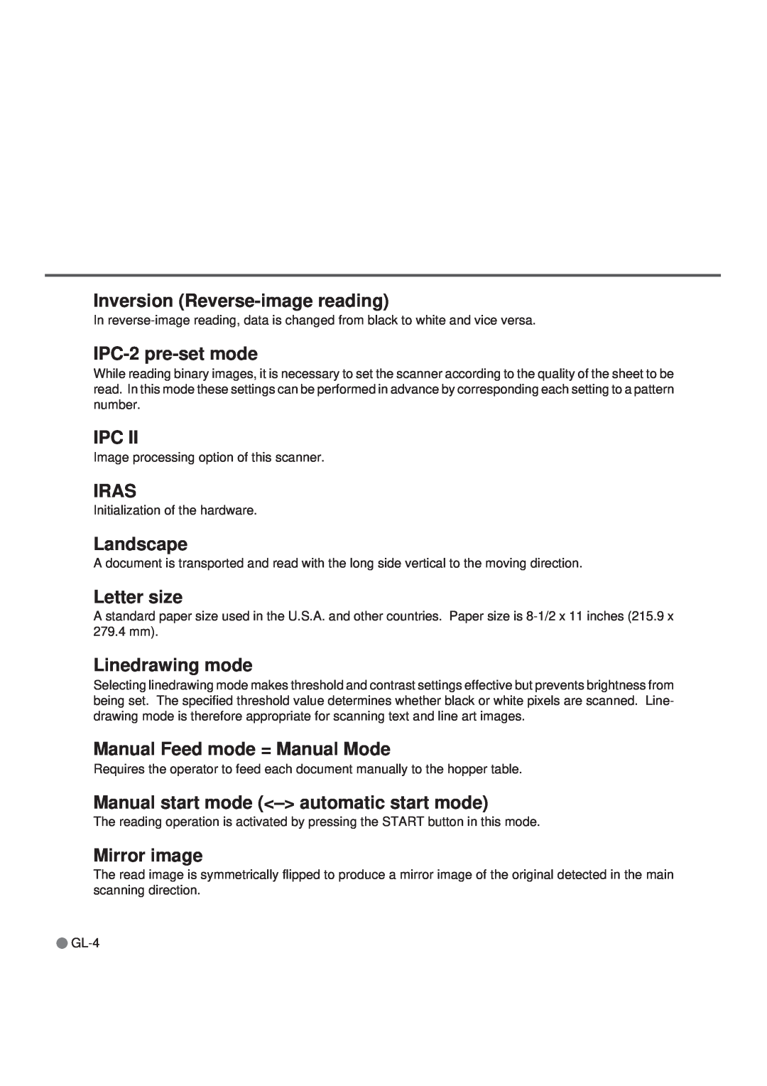 Fujitsu M3099GH manual Inversion Reverse-image reading, IPC-2 pre-set mode, Iras, Landscape, Letter size, Linedrawing mode 