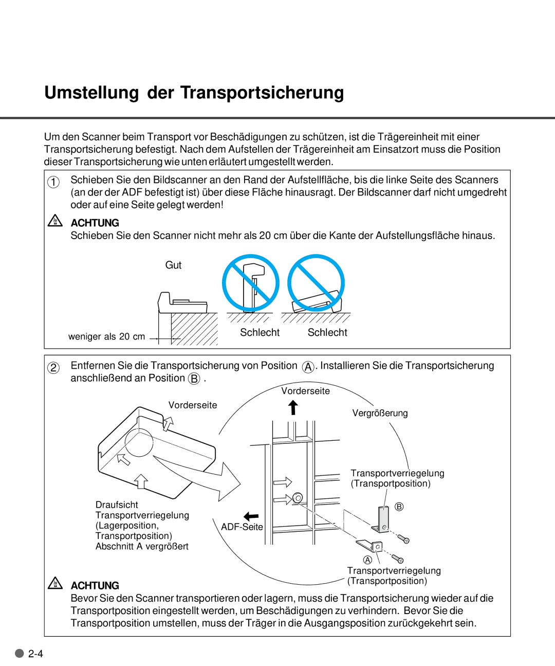 Fujitsu M4097D manual Umstellung der Transportsicherung, Achtung 