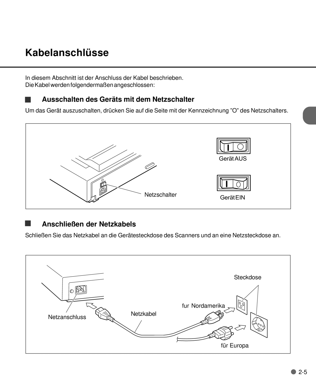 Fujitsu M4097D manual Kabelanschlü sse, Ausschalten des Gerä ts mit dem Netzschalter 