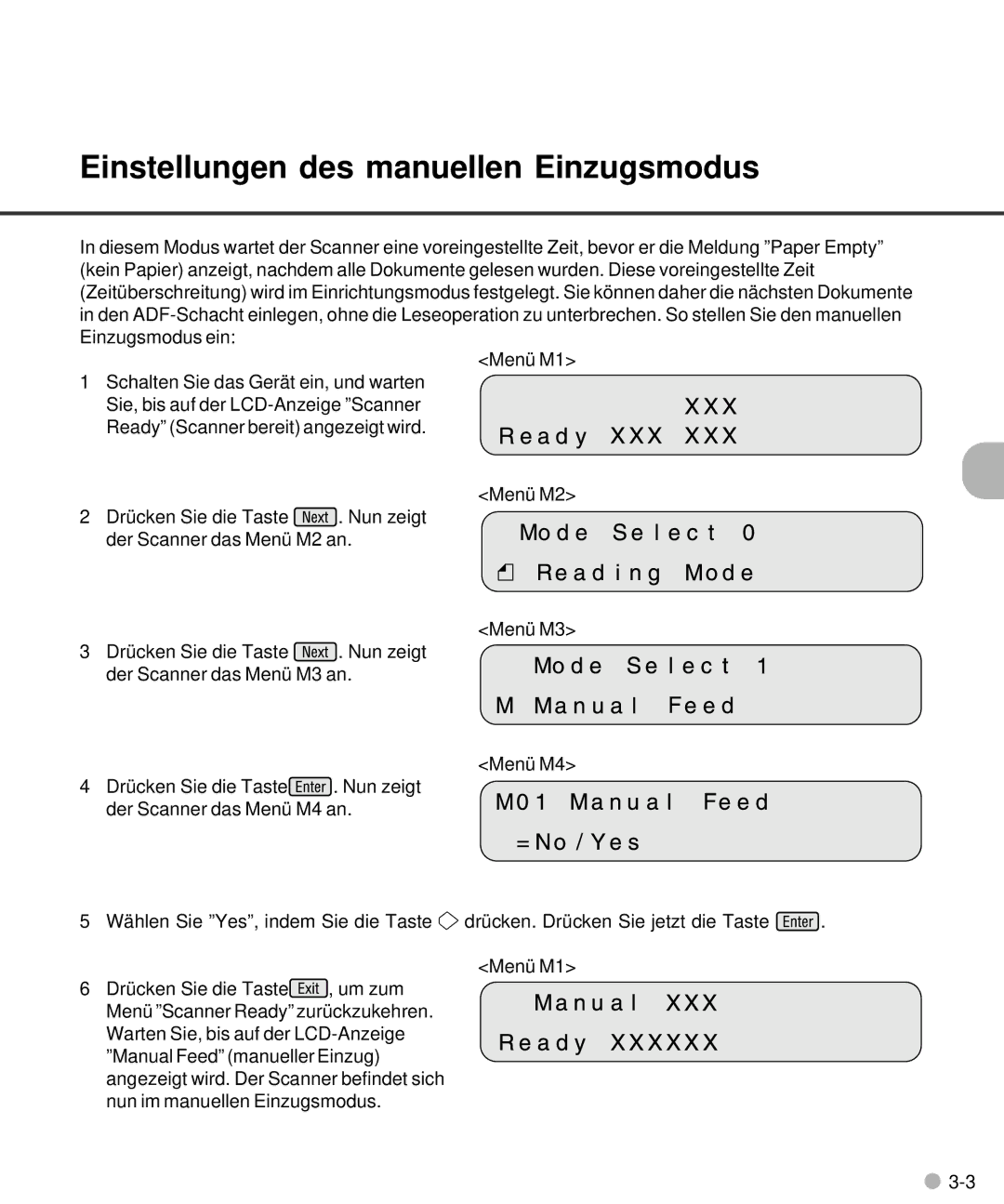 Fujitsu M4097D manual Einstellungen des manuellen Einzugsmodus 