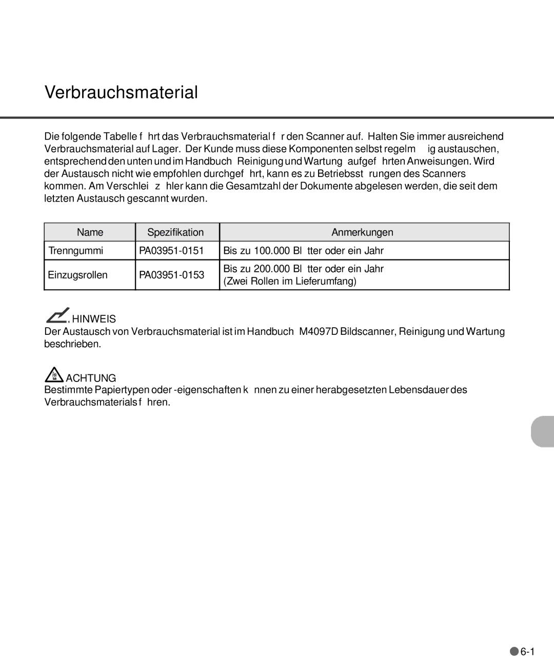 Fujitsu M4097D manual Verbrauchsmaterial, Name Spezifikation Anmerkungen 