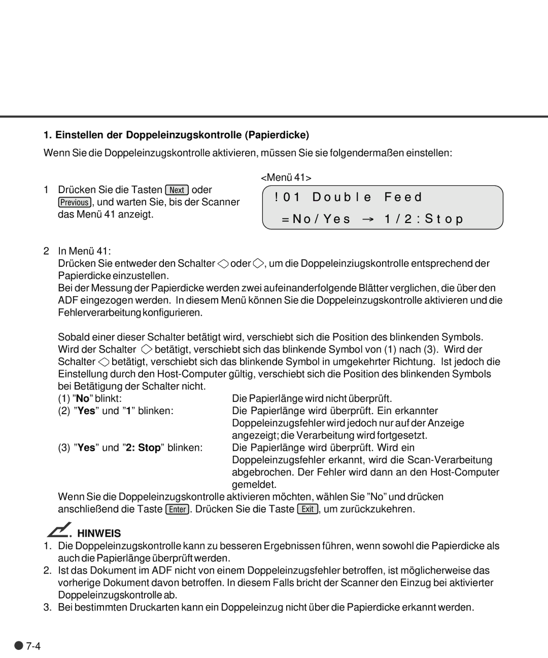 Fujitsu M4097D manual Einstellen der Doppeleinzugskontrolle Papierdicke 