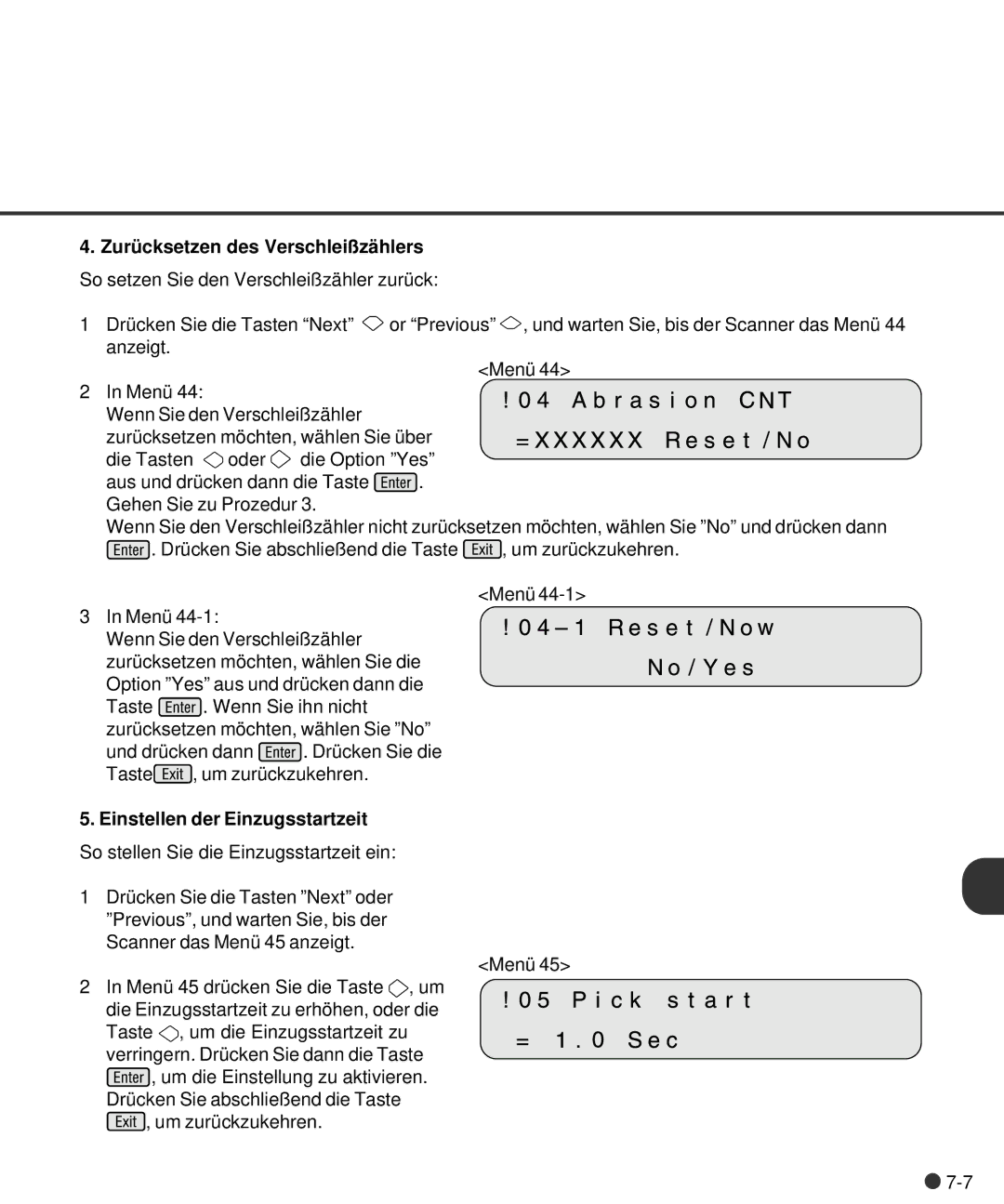 Fujitsu M4097D manual Zurü cksetzen des Verschleißzä hlers, Einstellen der Einzugsstartzeit 