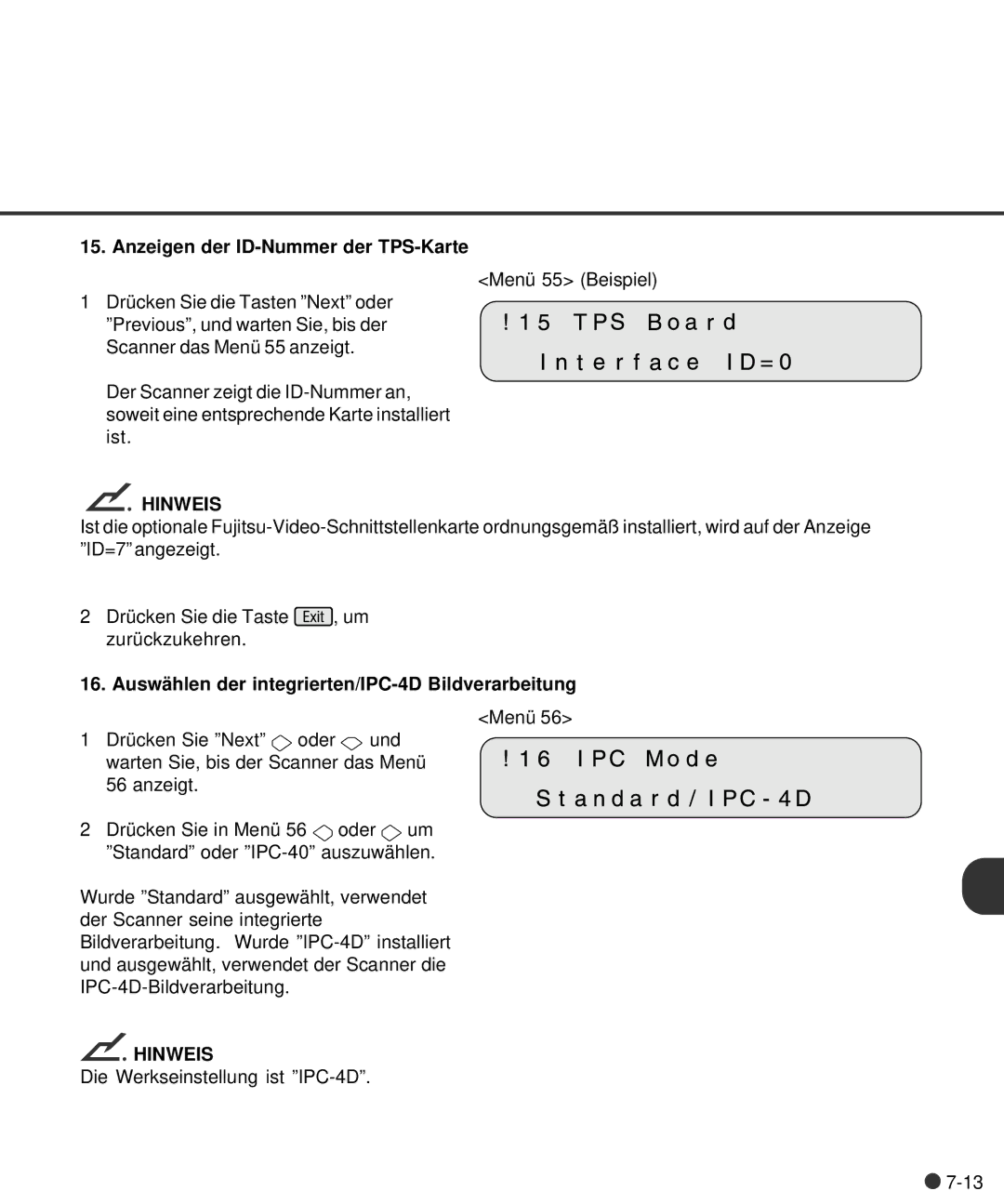 Fujitsu M4097D manual Anzeigen der ID-Nummer der TPS-Karte, Auswä hlen der integrierten/IPC-4D Bildverarbeitung 