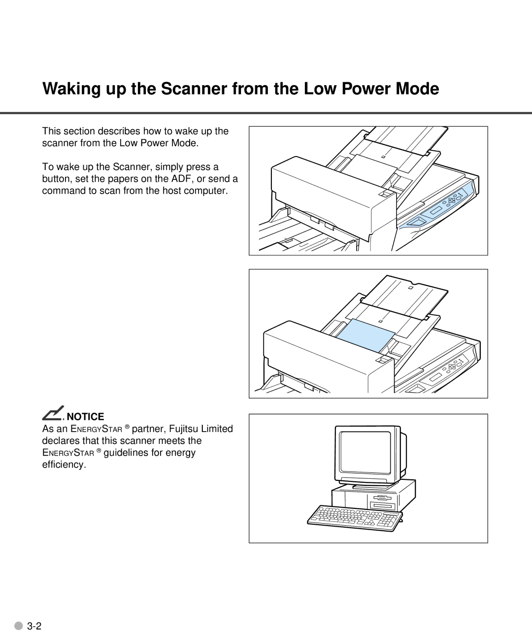 Fujitsu M4097D manual Waking up the Scanner from the Low Power Mode 