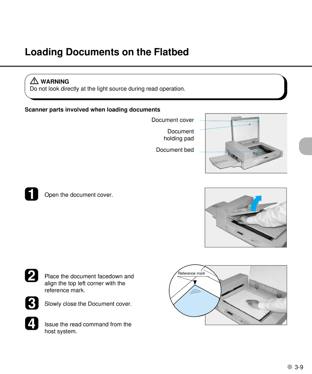 Fujitsu M4097D manual Loading Documents on the Flatbed, Scanner parts involved when loading documents 