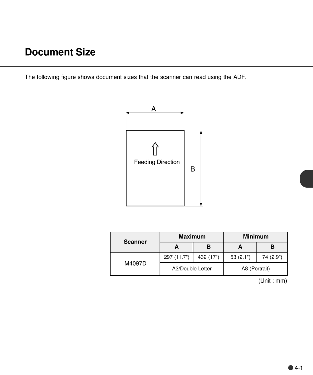 Fujitsu M4097D manual Document Size, Scanner Maximum Minimum 