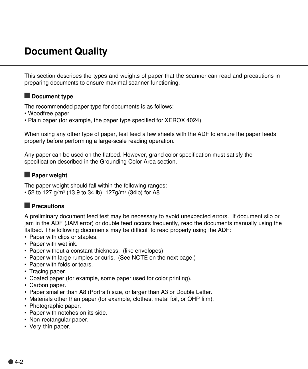 Fujitsu M4097D manual Document Quality, Document type, Paper weight, Precautions 