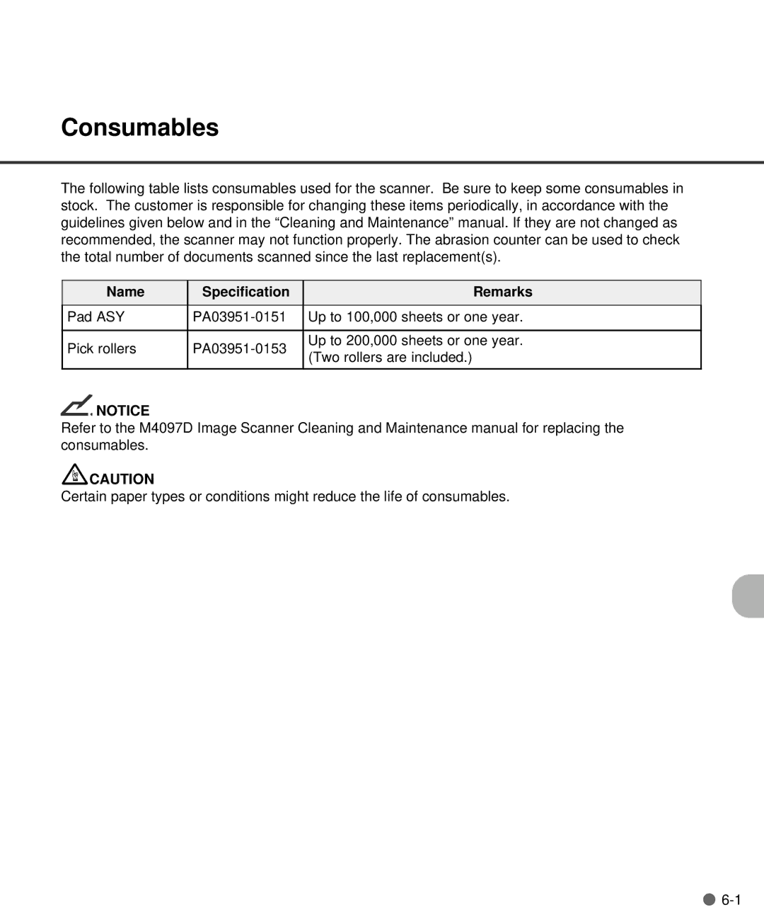 Fujitsu M4097D manual Consumables, Name Specification Remarks 