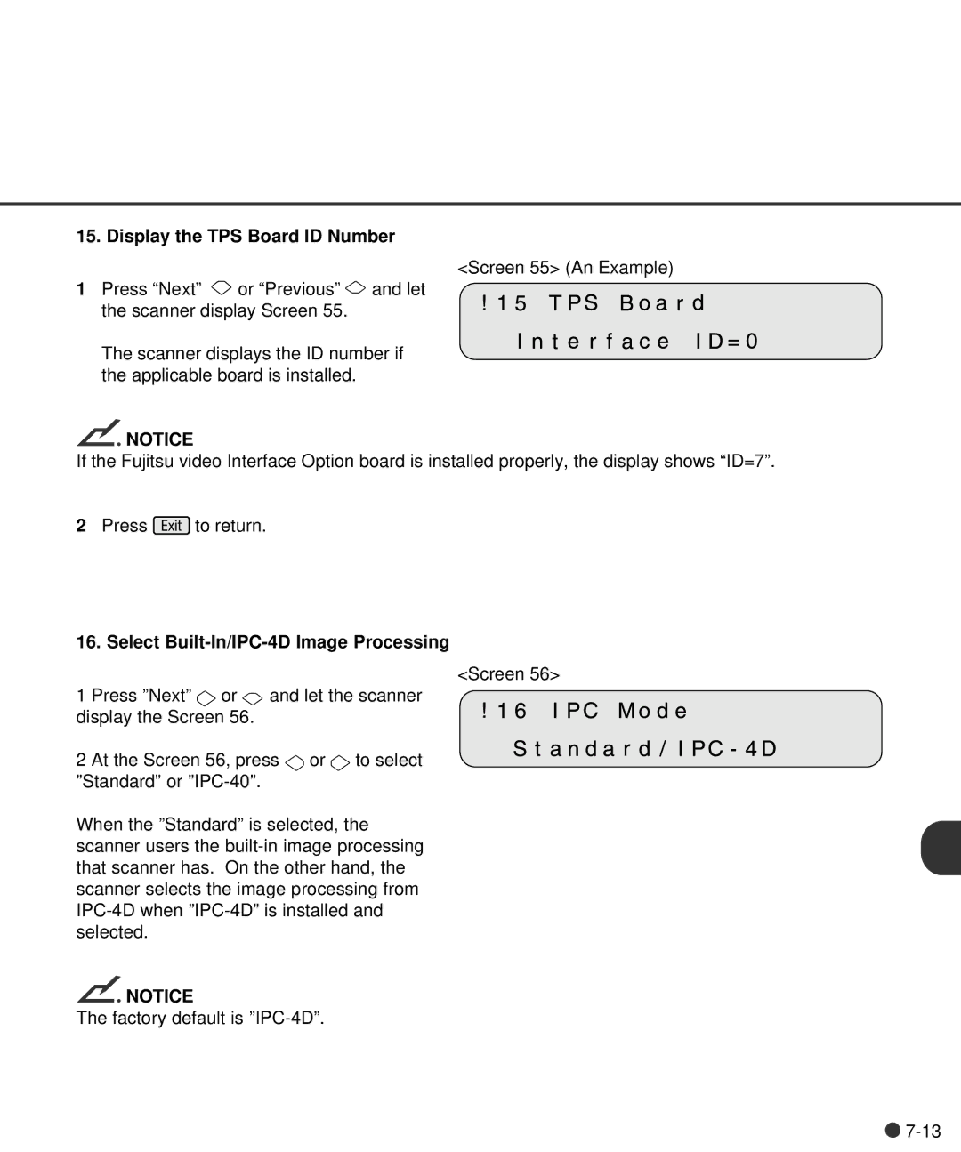 Fujitsu M4097D manual Display the TPS Board ID Number, Select Built-In/IPC-4D Image Processing 