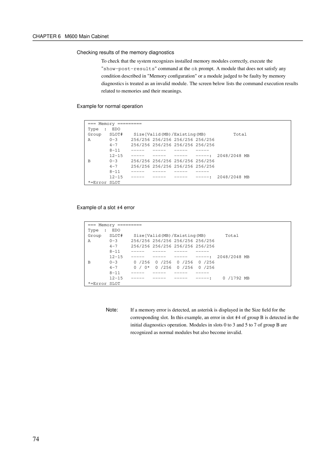 Fujitsu M200R, M600R, GranPower7000 (GP 7000F), M400R, M400A M600 Main Cabinet Checking results of the memory diagnostics 