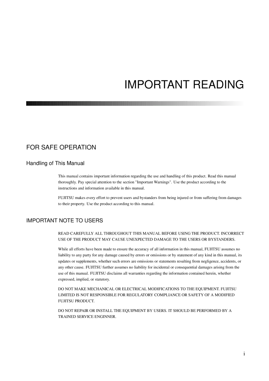 Fujitsu M400A, M600R, M200R, GranPower7000 (GP 7000F), M400R manual Important Reading 