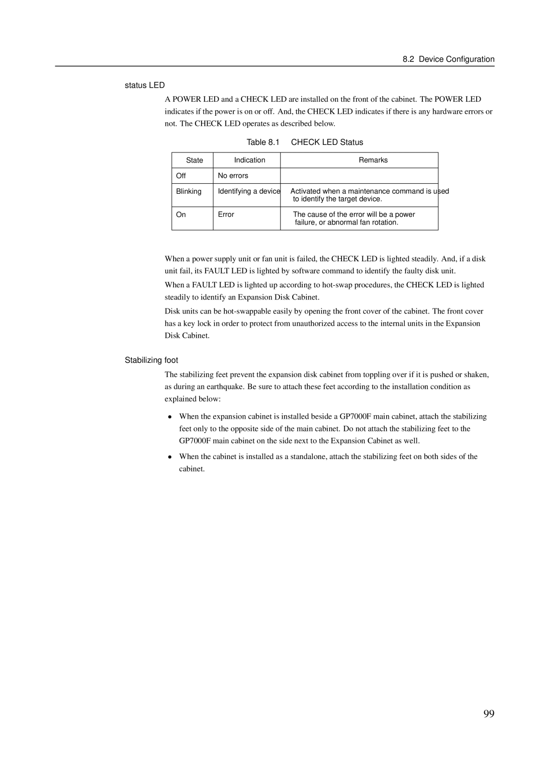 Fujitsu M600R, M200R, GranPower7000 (GP 7000F) Device Conﬁguration Status LED, Check LED Status, Stabilizing foot 