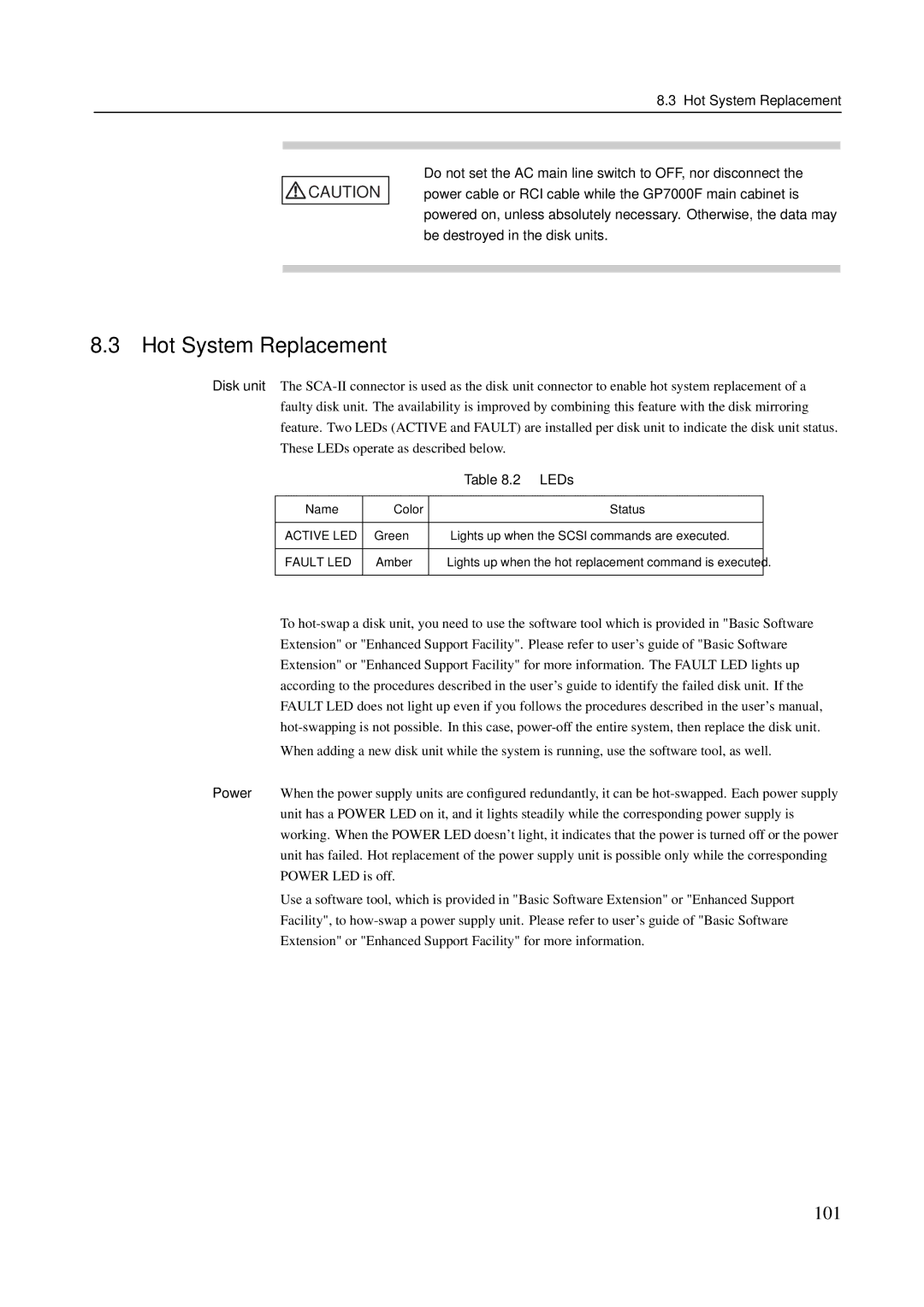 Fujitsu M600R, M200R, GranPower7000 (GP 7000F), M400R, M400A manual Hot System Replacement, 101, LEDs 