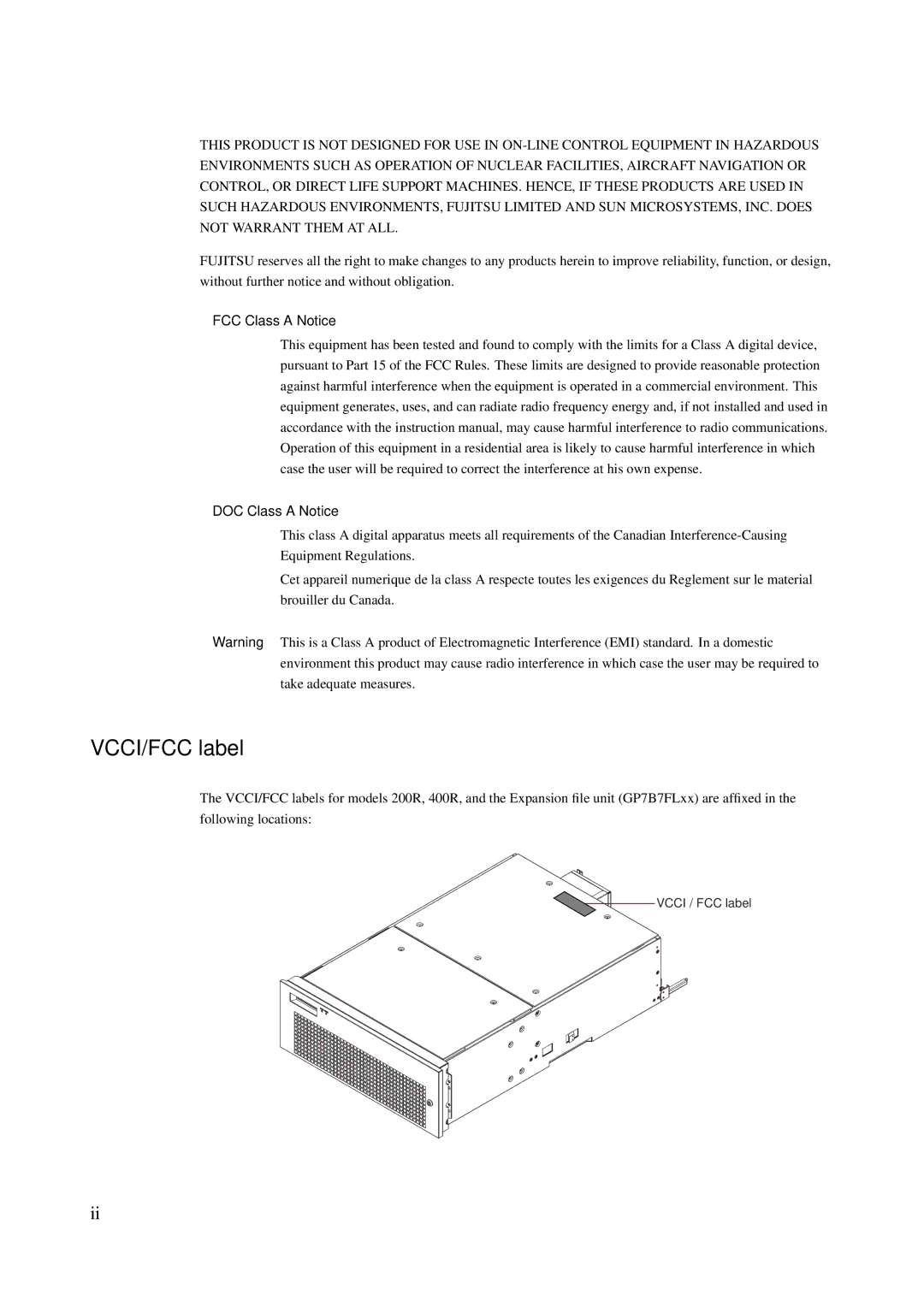 Fujitsu M600R, M200R, GranPower7000 (GP 7000F), M400R, M400A manual VCCI/FCC label, FCC Class a Notice DOC Class a Notice 