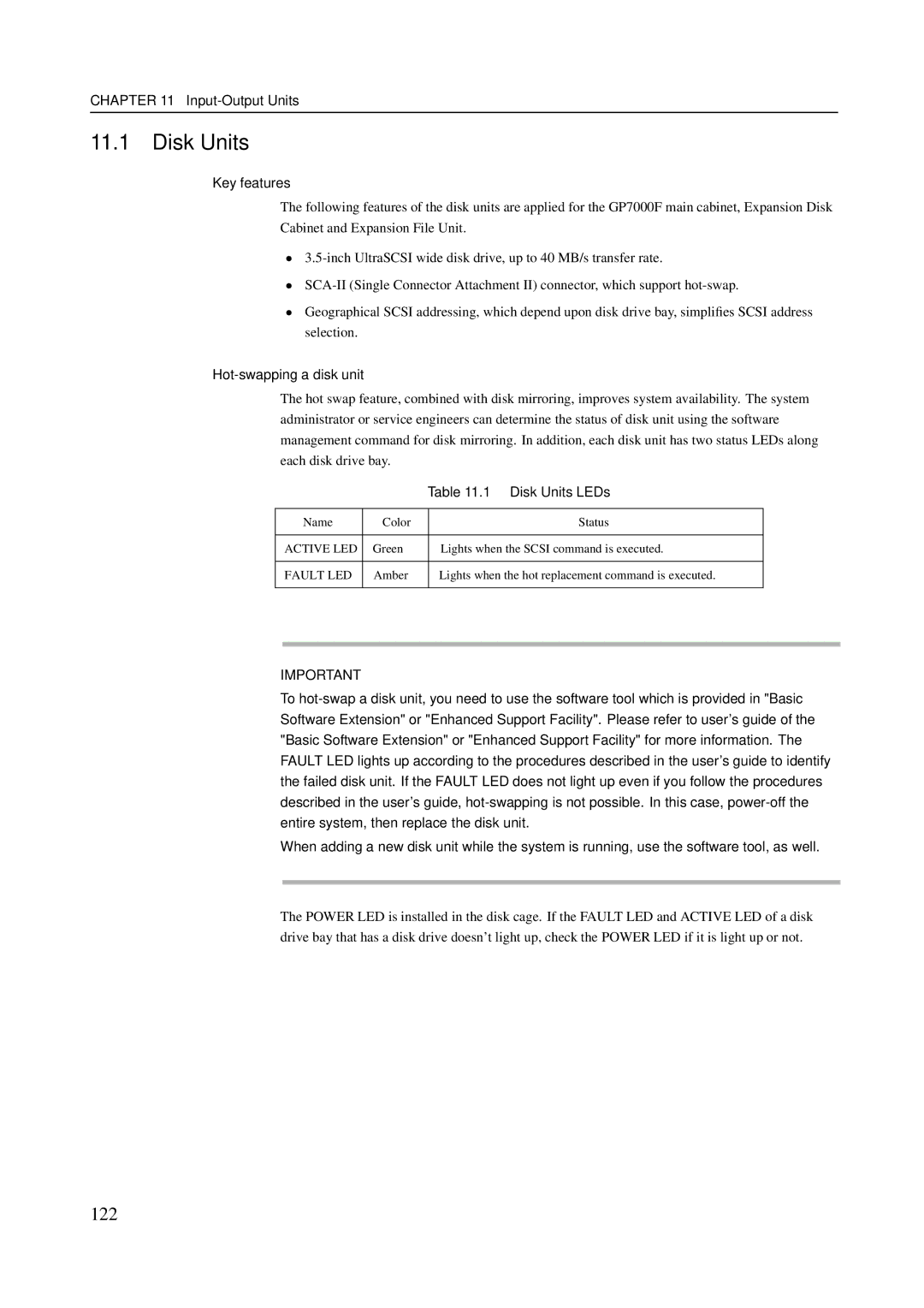 Fujitsu M600R, M200R, GranPower7000 (GP 7000F), M400R, M400A manual 122, Hot-swapping a disk unit, Disk Units LEDs 