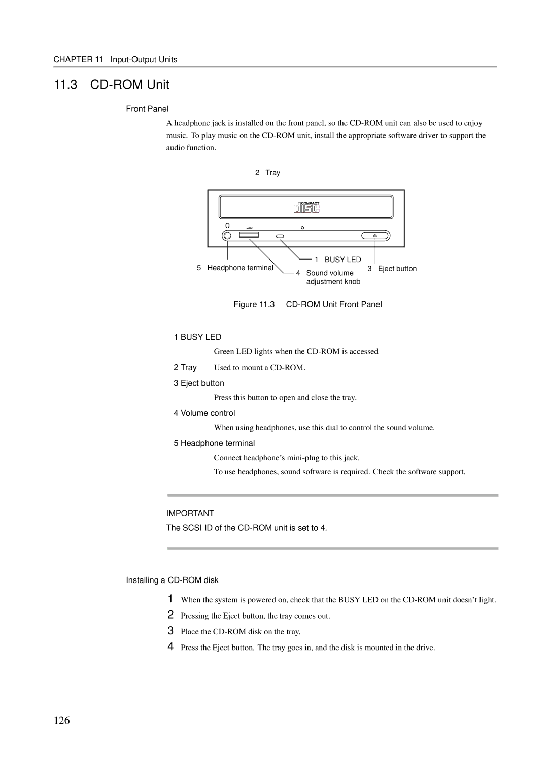 Fujitsu M400A, M600R, M200R, M400R manual CD-ROM Unit, 126, Eject button, Volume control, Headphone terminal 