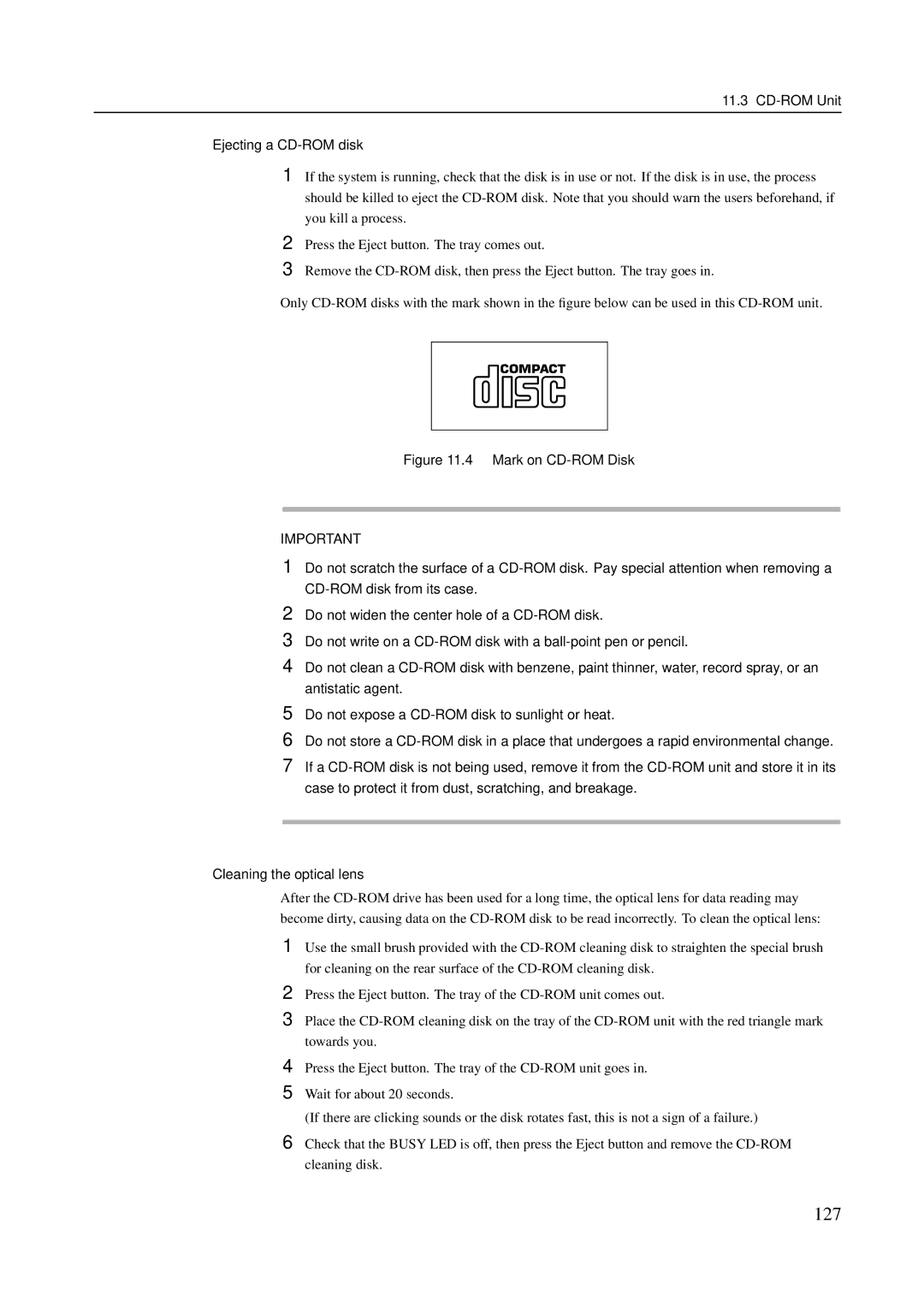 Fujitsu M600R, M200R, GranPower7000 (GP 7000F), M400R, M400A manual 127, CD-ROM Unit Ejecting a CD-ROM disk 