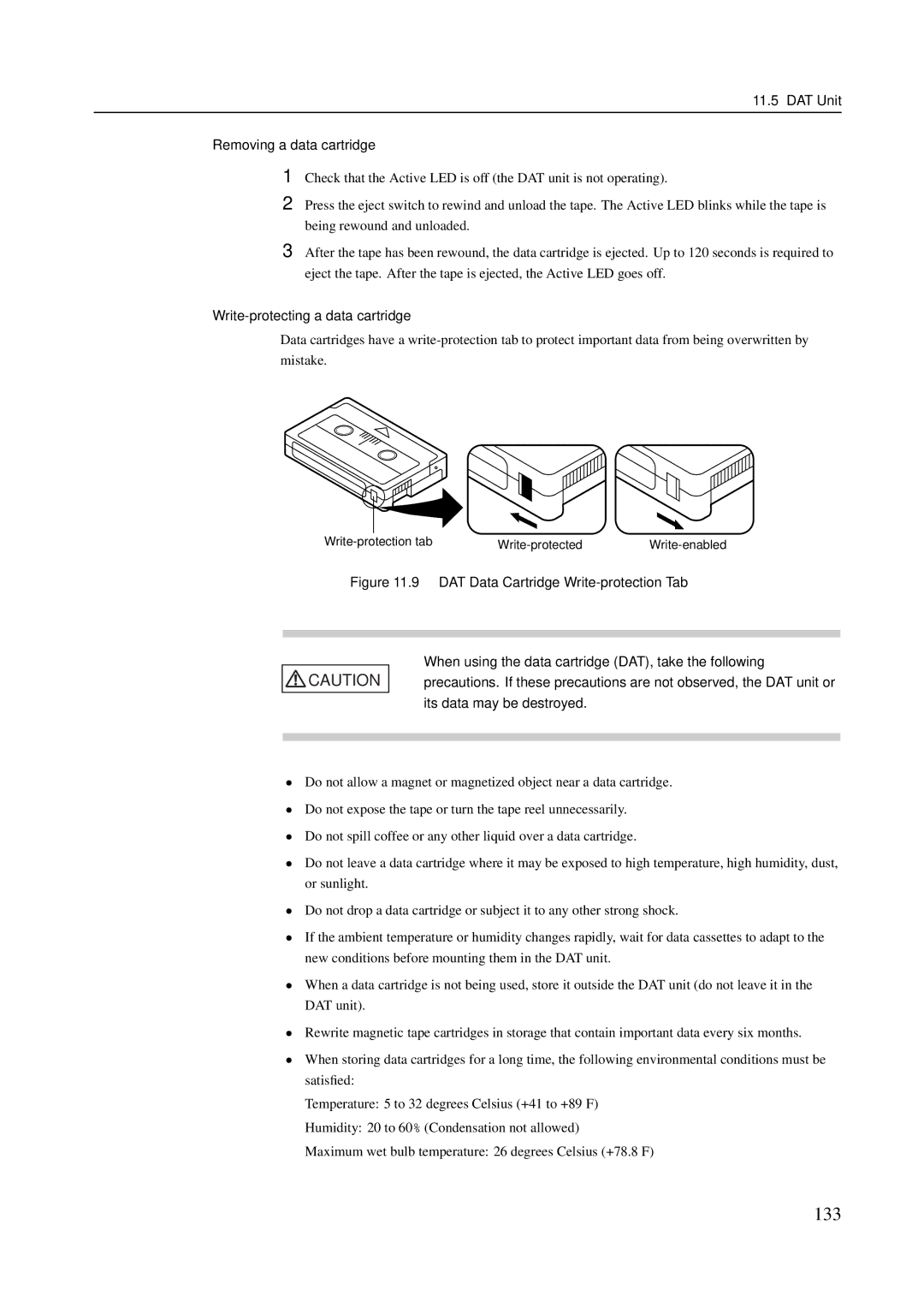 Fujitsu M400A, M600R, M200R, M400R manual 133, DAT Unit Removing a data cartridge, Write-protecting a data cartridge 