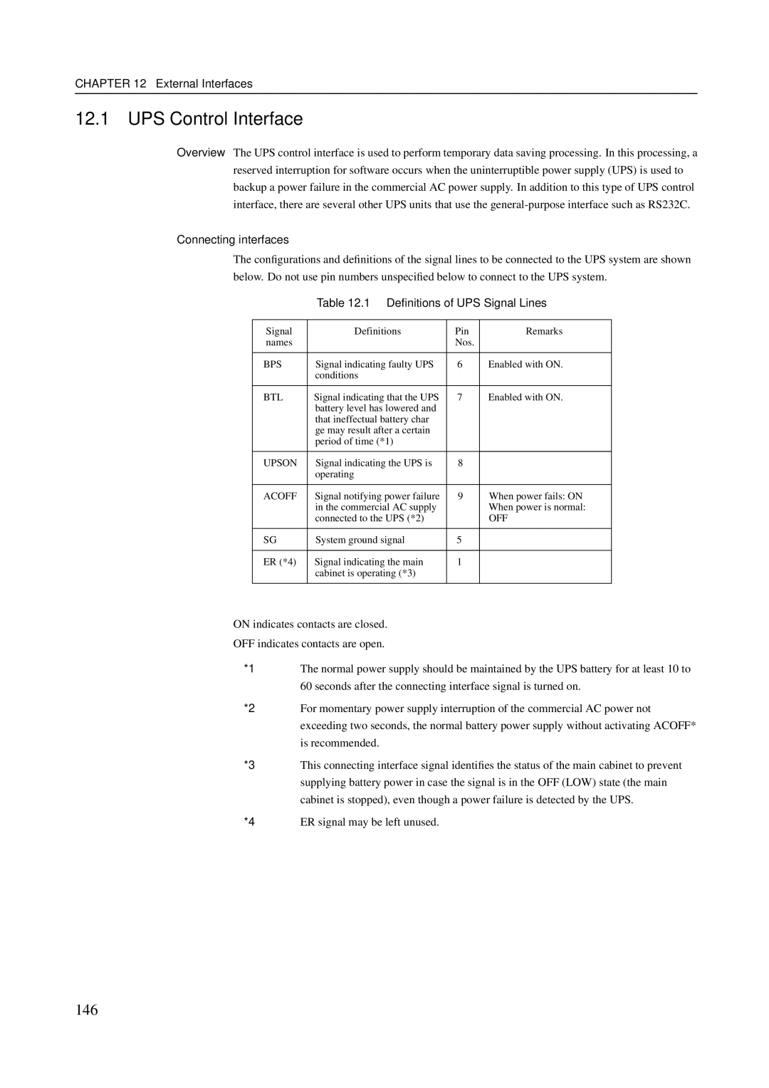 Fujitsu M400R, M600 UPS Control Interface, 146, External Interfaces, Connecting interfaces, Deﬁnitions of UPS Signal Lines 