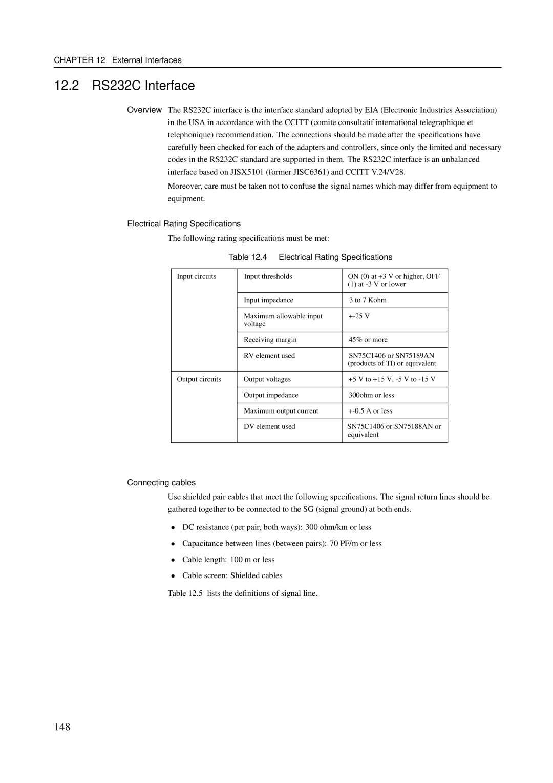 Fujitsu M600R, M200R, M400R, M400A manual 12.2 RS232C Interface, 148, Electrical Rating Speciﬁcations, Connecting cables 