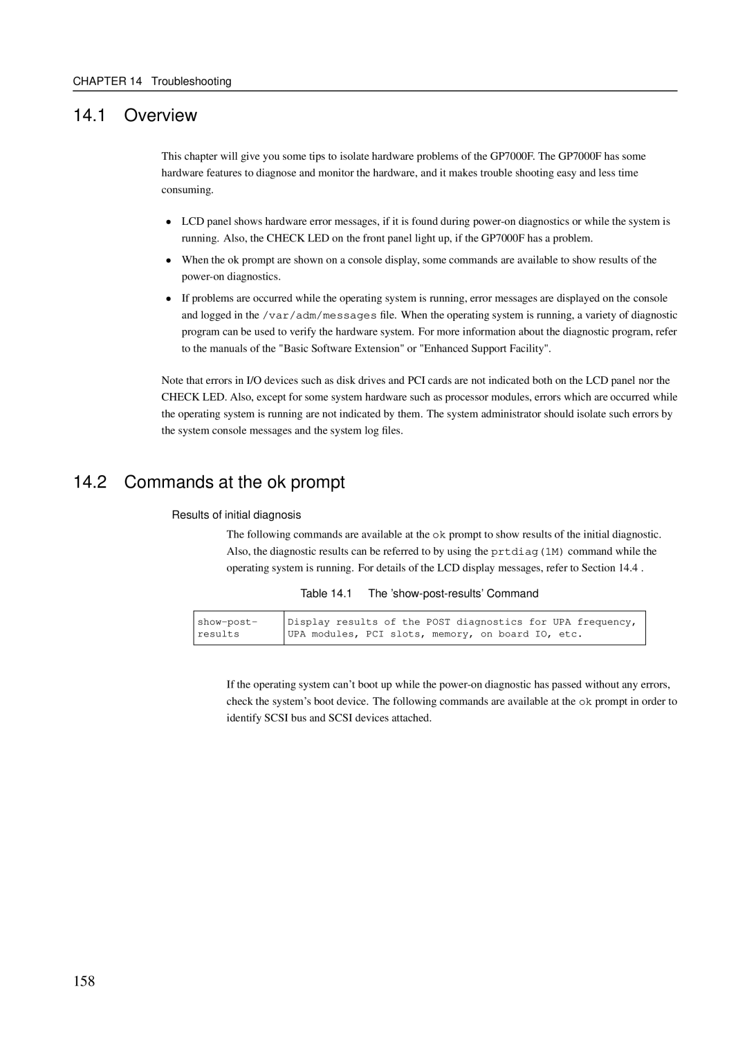 Fujitsu M200R, M600R, M400R Commands at the ok prompt, 158, Results of initial diagnosis, ’show-post-results’ Command 