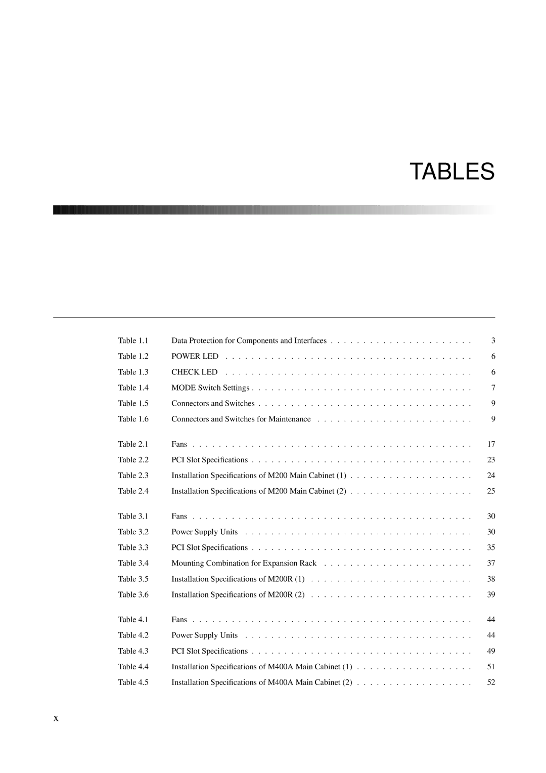 Fujitsu GranPower7000 (GP 7000F), M600R, M200R, M400R, M400A manual Tables 