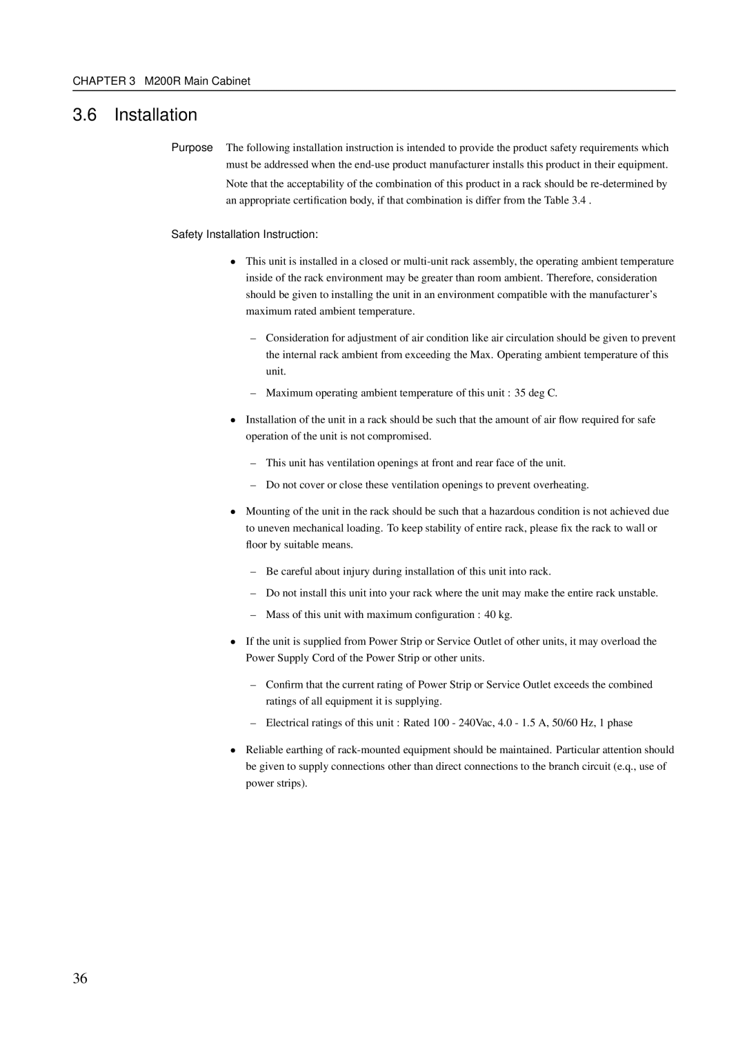 Fujitsu M600R, M200R, GranPower7000 (GP 7000F), M400R, M400A manual Safety InstallationInstruction 