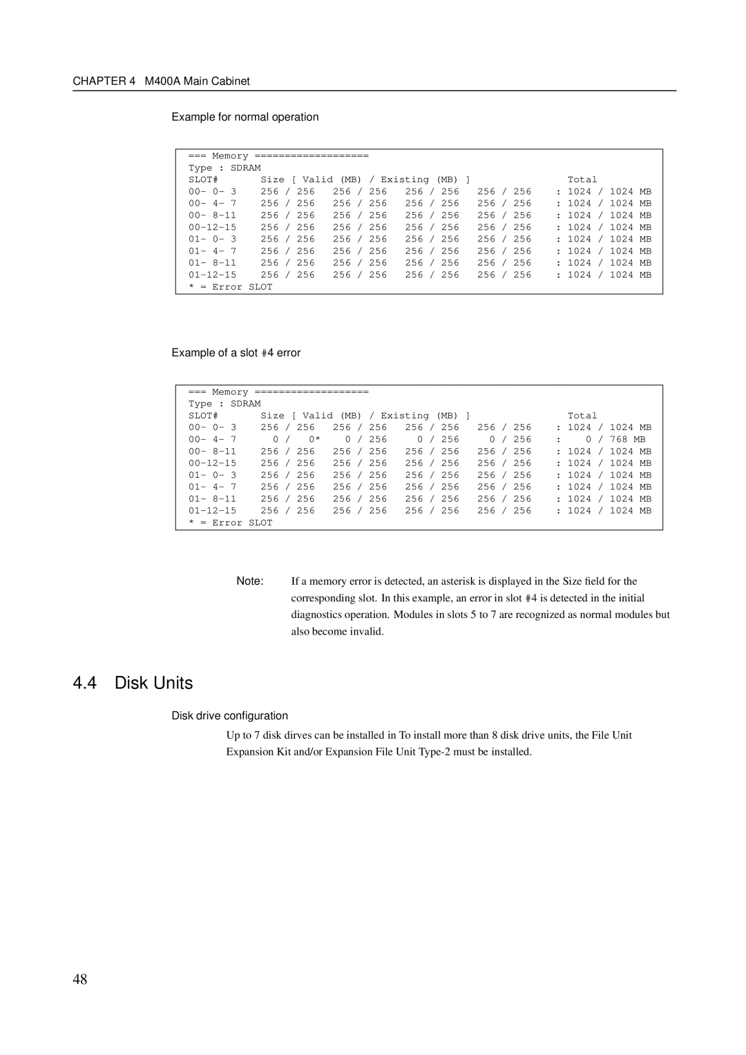 Fujitsu M400R, M600R, M200R manual M400A Main Cabinet Example for normal operation, Example of a slot #4 error 